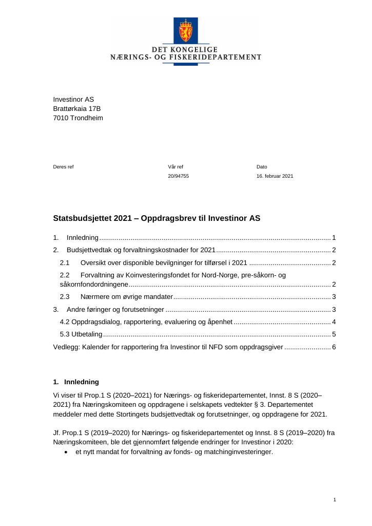 Forsiden av dokumentet Oppdragsbrev Investinor AS 2021