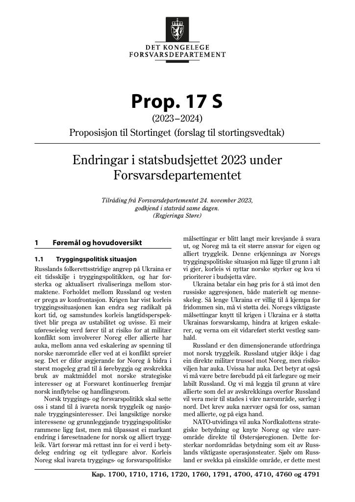 Forsiden av dokumentet Prop. 17 S (2023–2024)