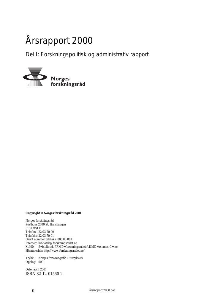Forsiden av dokumentet Årsrapport Forskningsrådet 2000