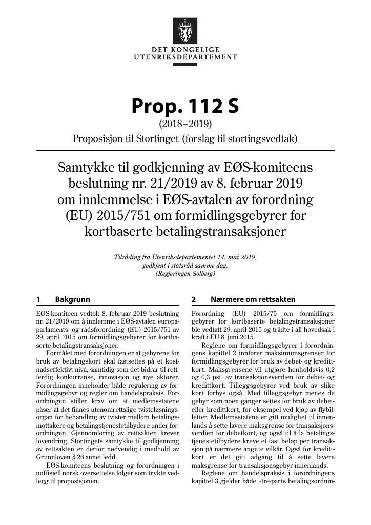 Forsiden av dokumentet Prop. 112 S (2018–2019)