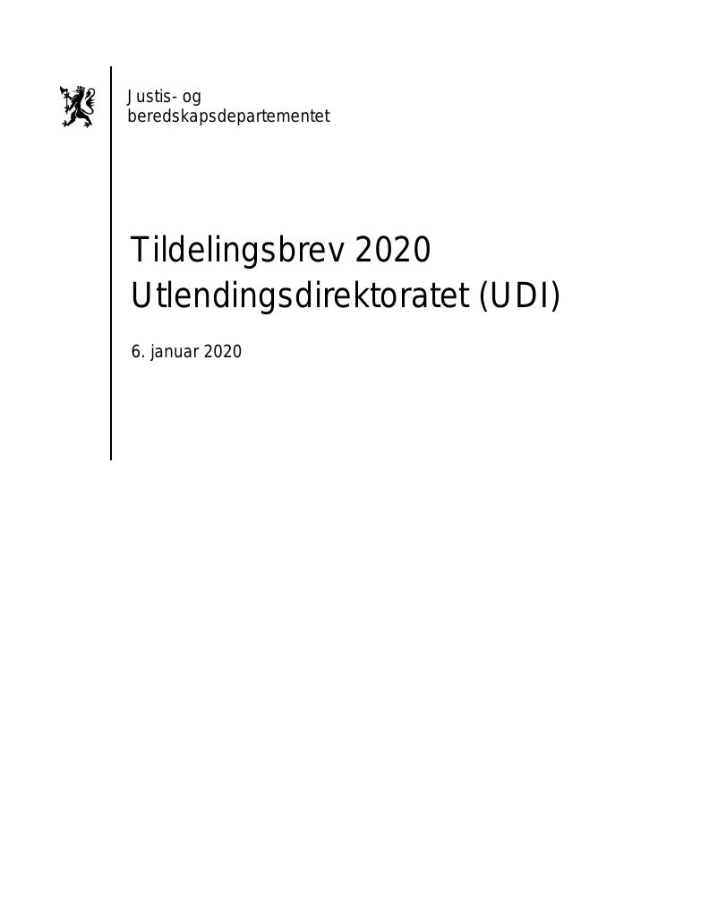 Forsiden av dokumentet Tildelingsbrev Utlendingsdirektoratet 2020