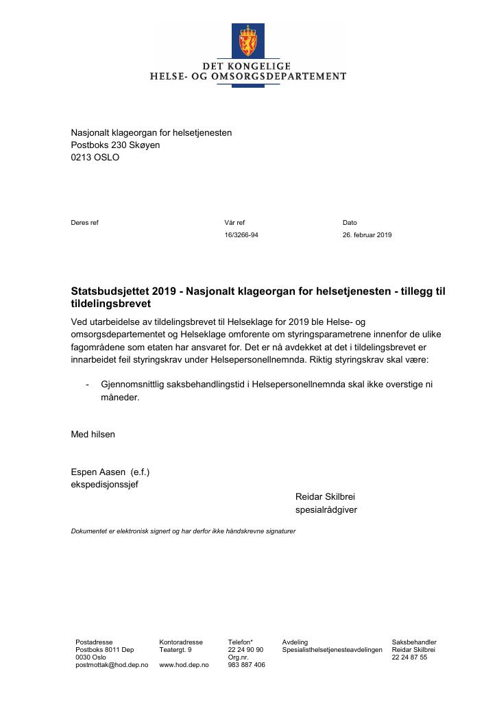 Forsiden av dokumentet Tildelingsbrev Nasjonalt klageorgan for helsetjenesten 2019 - tillegg
