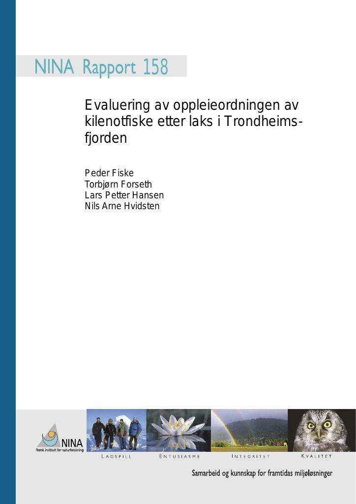 Forsiden av dokumentet Evaluering av oppleieordningen av kilenotfiske etter laks i Trondheimsfjorden