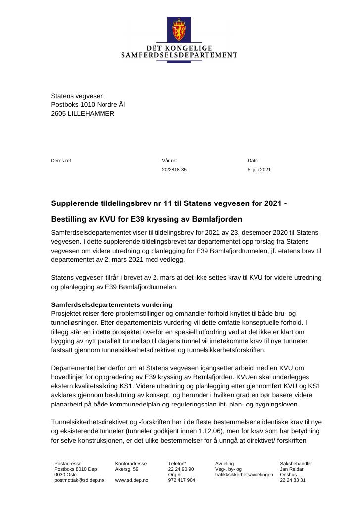 Forsiden av dokumentet Tildelingsbrev Statens vegvesen 2021 - tillegg nr. 11