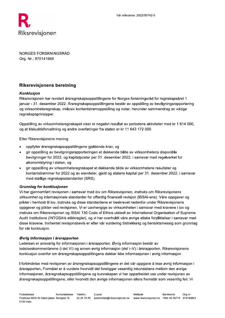 Forsiden av dokumentet Revisjonsberetning 2022