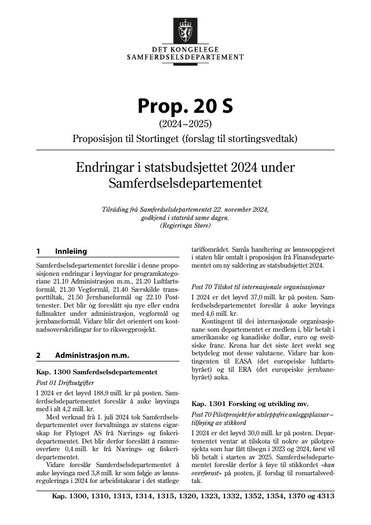 Forsiden av dokumentet Prop. 20 S (2024–2025)