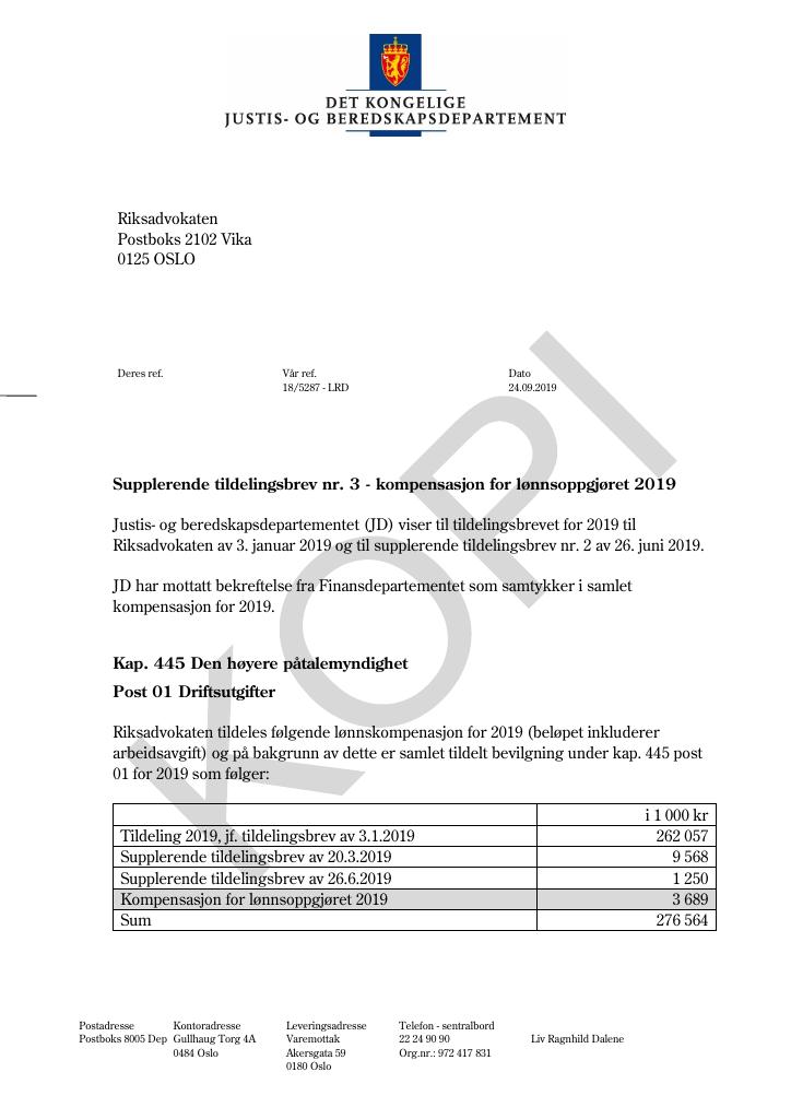 Forsiden av dokumentet Supplerende tildelingsbrev nr. 3 Riksadvokaten 2019