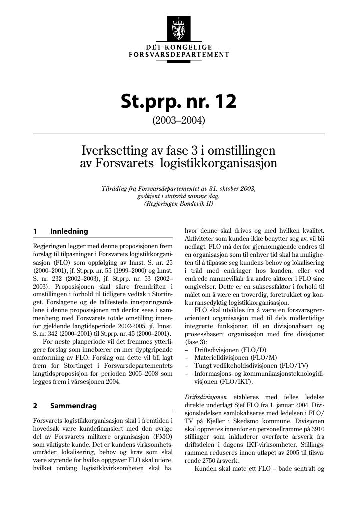 Forsiden av dokumentet St.prp. nr. 12 (2003-2004)