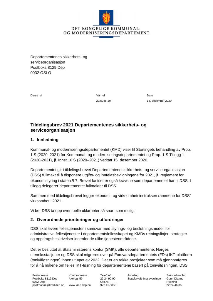 Forsiden av dokumentet Tildelingsbrev Departementenes sikkerhets- og serviceorganisasjon 2021