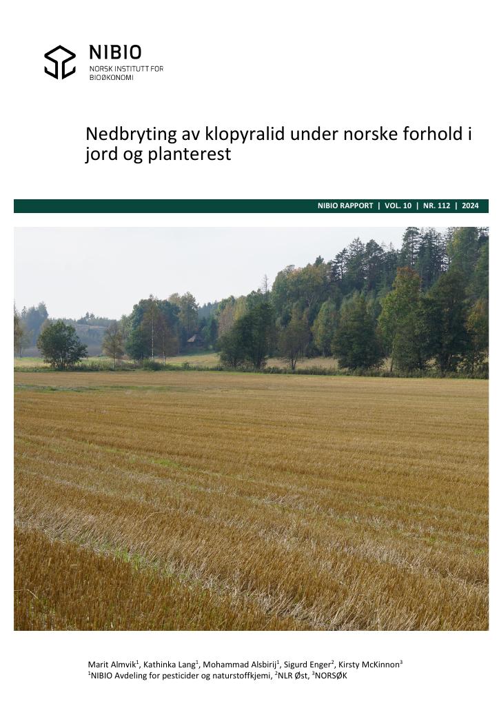 Forsiden av dokumentet Nedbryting av klopyralid under norske forhold i jord og planterest