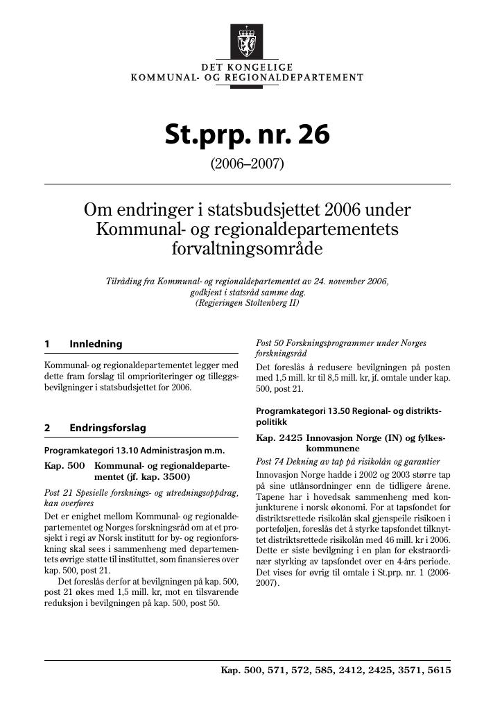 Forsiden av dokumentet St.prp. nr. 26 (2006-2007)