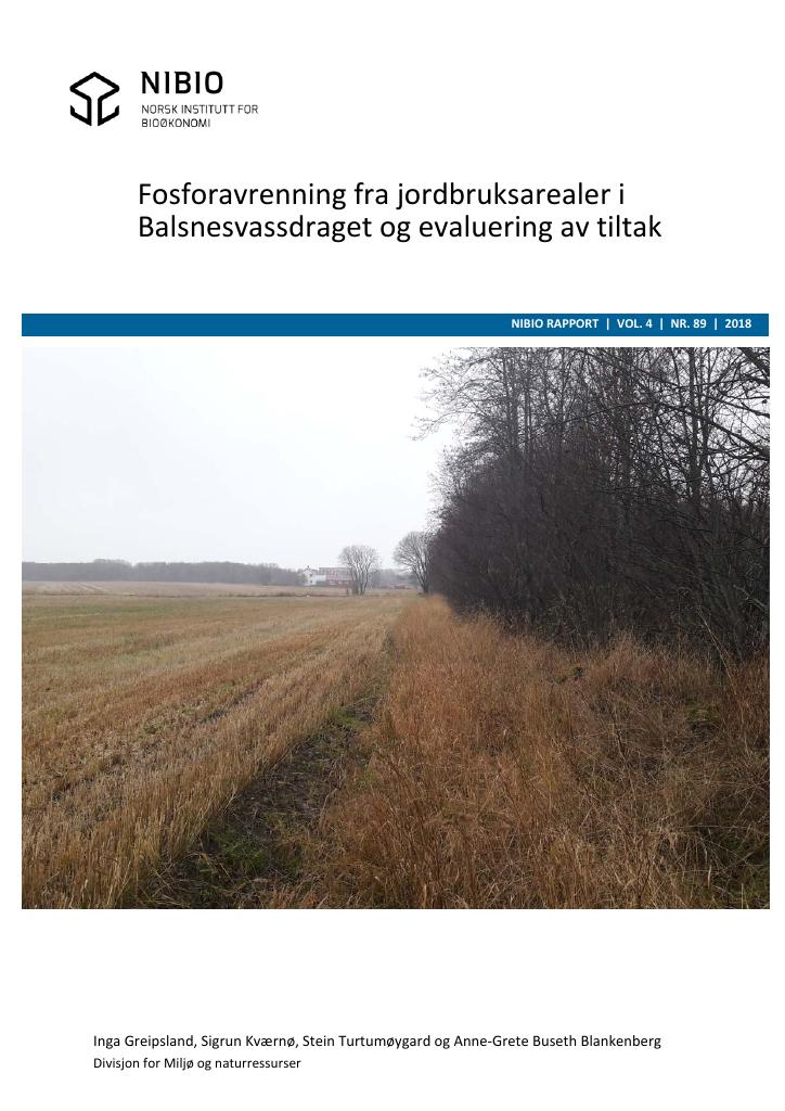 Forsiden av dokumentet Fosforavrenning fra jordbruksarealer i Balsnesvassdraget og evaluering av tiltak