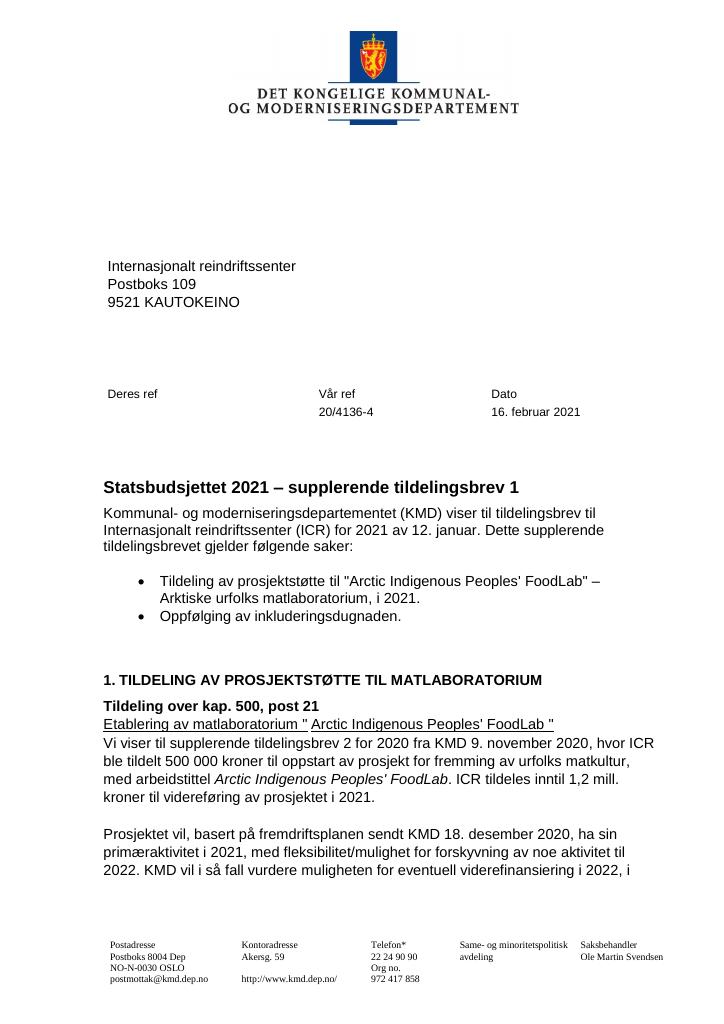 Forsiden av dokumentet Tildelingsbrev Internasjonalt reindriftssenter 2021 - tillegg nr. 1
