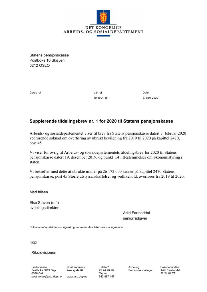 Forsiden av dokumentet Tildelingsbrev Statens pensjonskasse 2020 - tillegg nr. 1