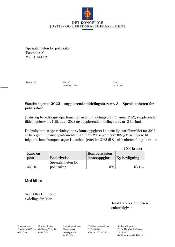 Forsiden av dokumentet Tildelingsbrev Spesialenheten for politisaker 2022 - tillegg nr. 3