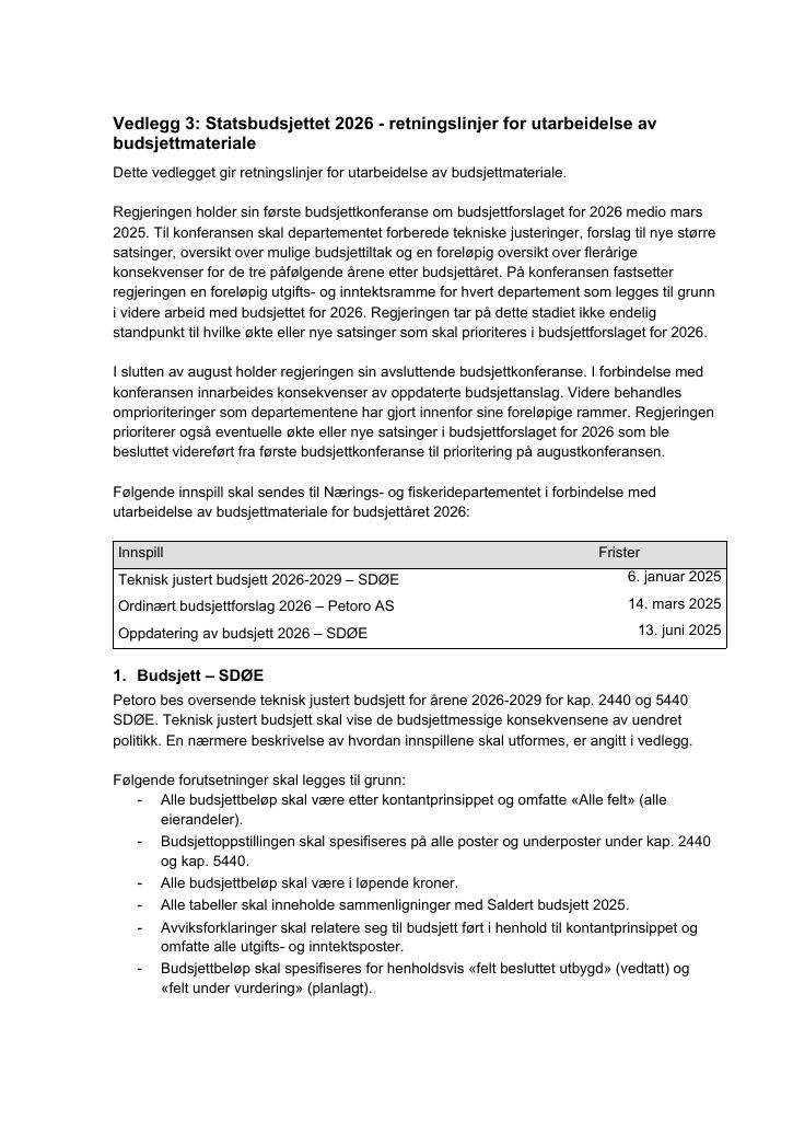 Forsiden av dokumentet Vedlegg 3 Petoro: Statsbudsjettet 2026 - retningslinjer for utarbeidelse av budsjettmateriale