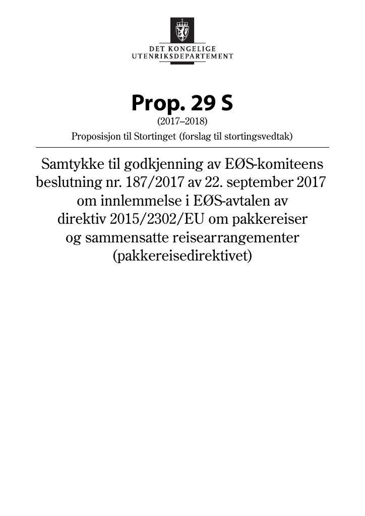 Forsiden av dokumentet Prop. 29 S (2017–2018)