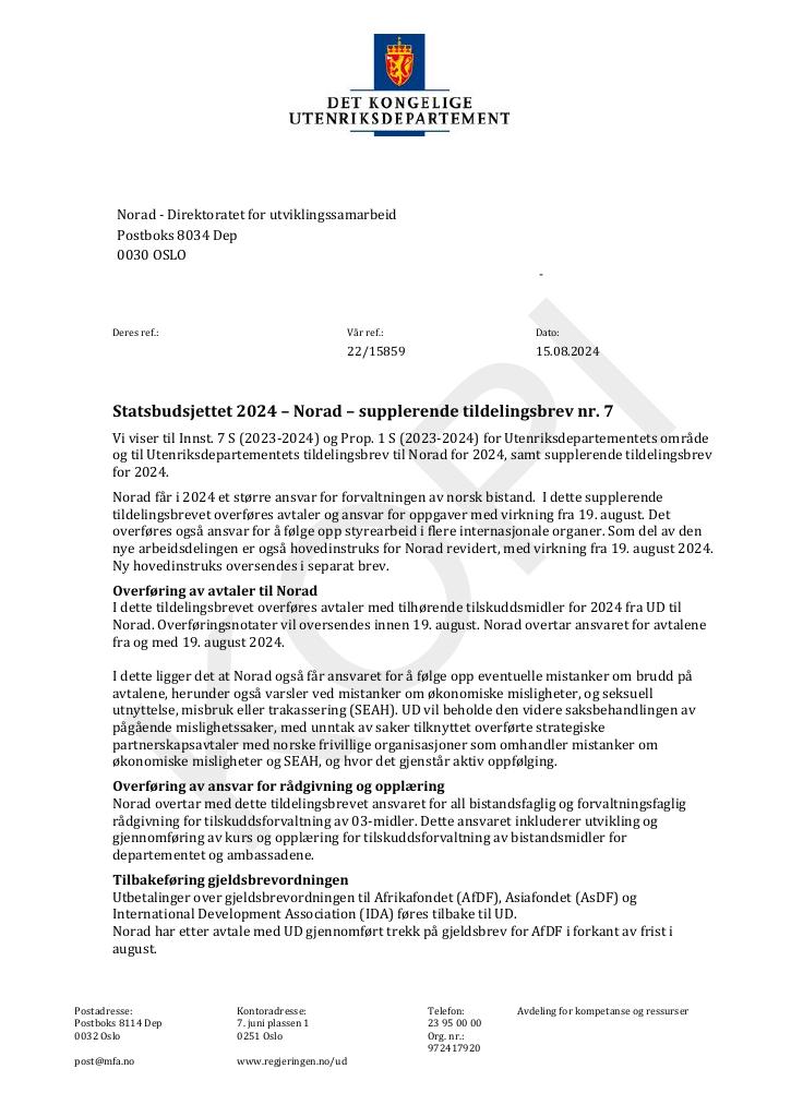 Forsiden av dokumentet Tildelingsbrev Norad 2024 - tillegg nr. 7