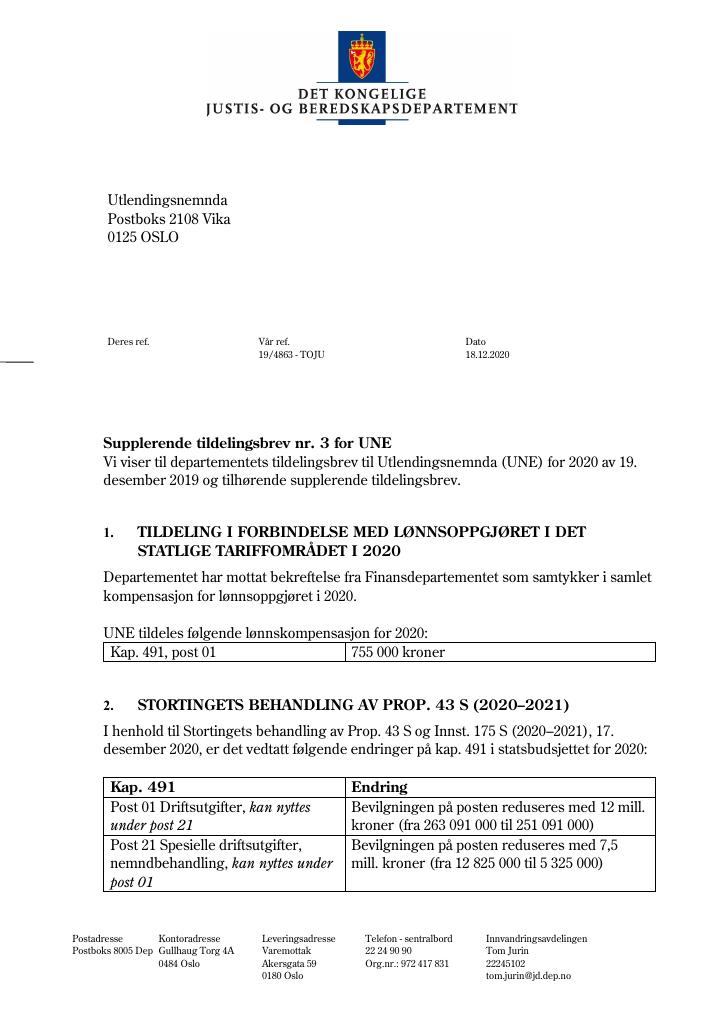 Forsiden av dokumentet Tildelingsbrev Utlendingsnemnda 2020 - tillegg nr. 3
