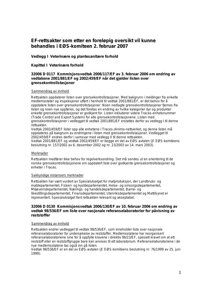 Forsiden av dokumentet EF-rettsakter som etter en foreløpig oversikt vil kunne behandles i EØS-komiteen 2. februar 2007