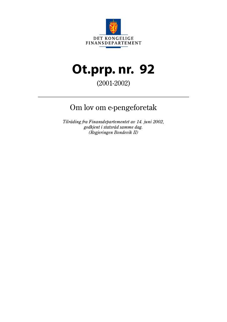 Forsiden av dokumentet Ot.prp. nr. 92 (2001-2002)