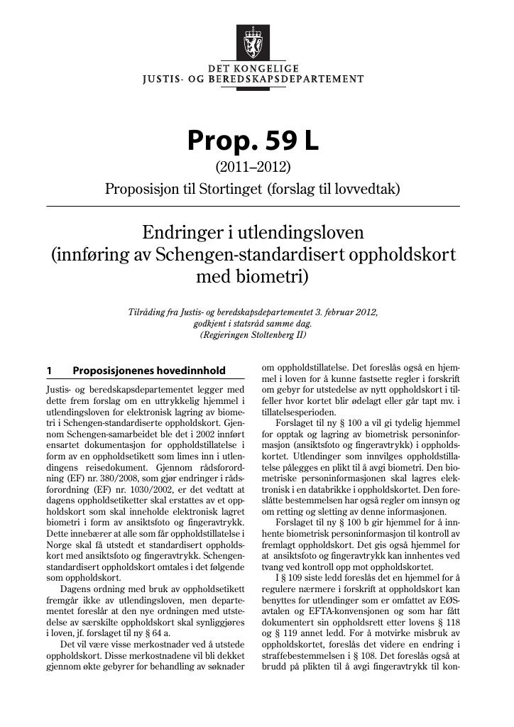 Forsiden av dokumentet Prop. 59 L (2011–2012)