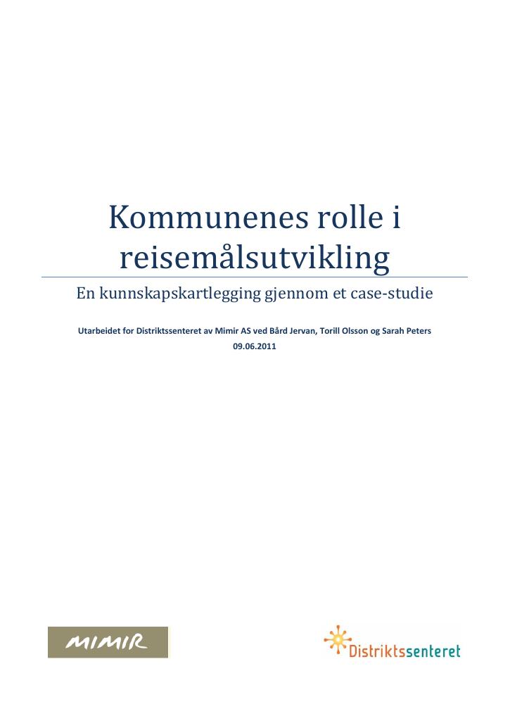 Forsiden av dokumentet Kommunene sin rolle i reisemålsutvikling