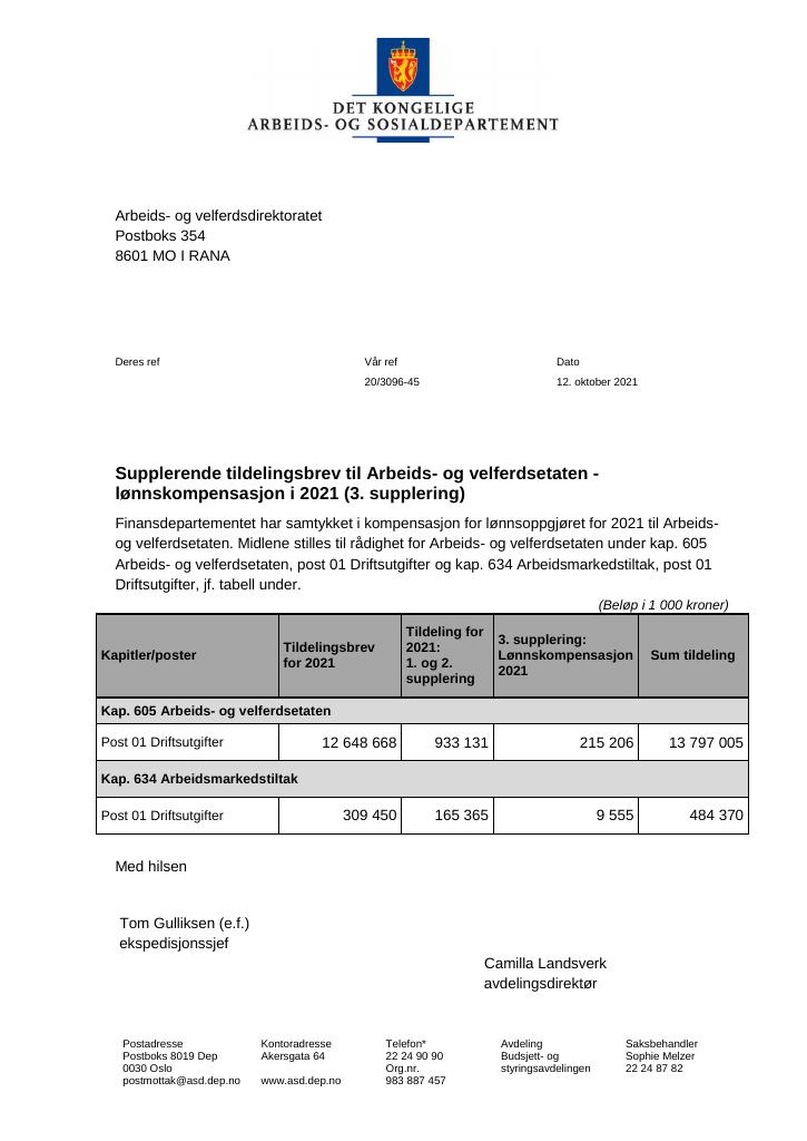 Forsiden av dokumentet Tildelingsbrev Arbeids- og velferdsdirektoratet 2022 - tillegg nr. 3