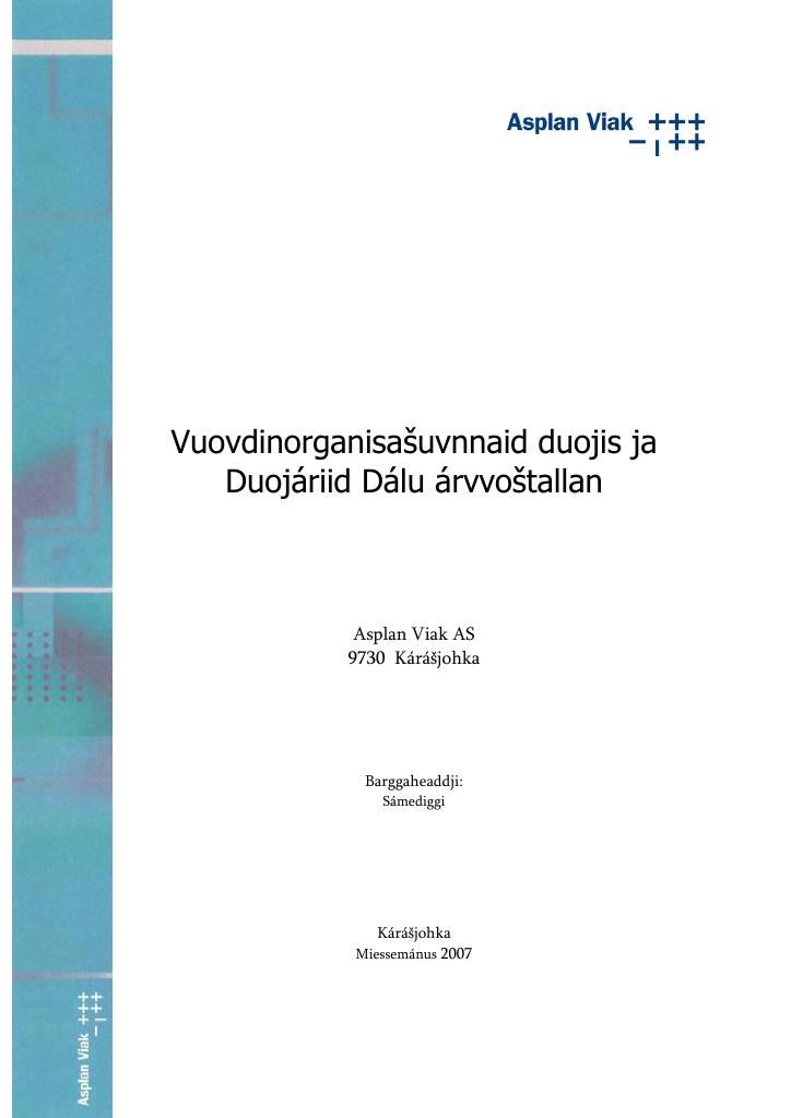Forsiden av dokumentet Vuovdinorganisašuvnnaid duojis ja Duojáriid Dálu árvvoštallan