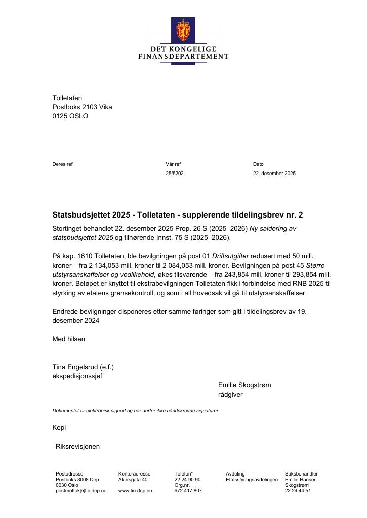 Forsiden av dokumentet Tildelingsbrev Tolletaten 2025 - tillegg nr. 2