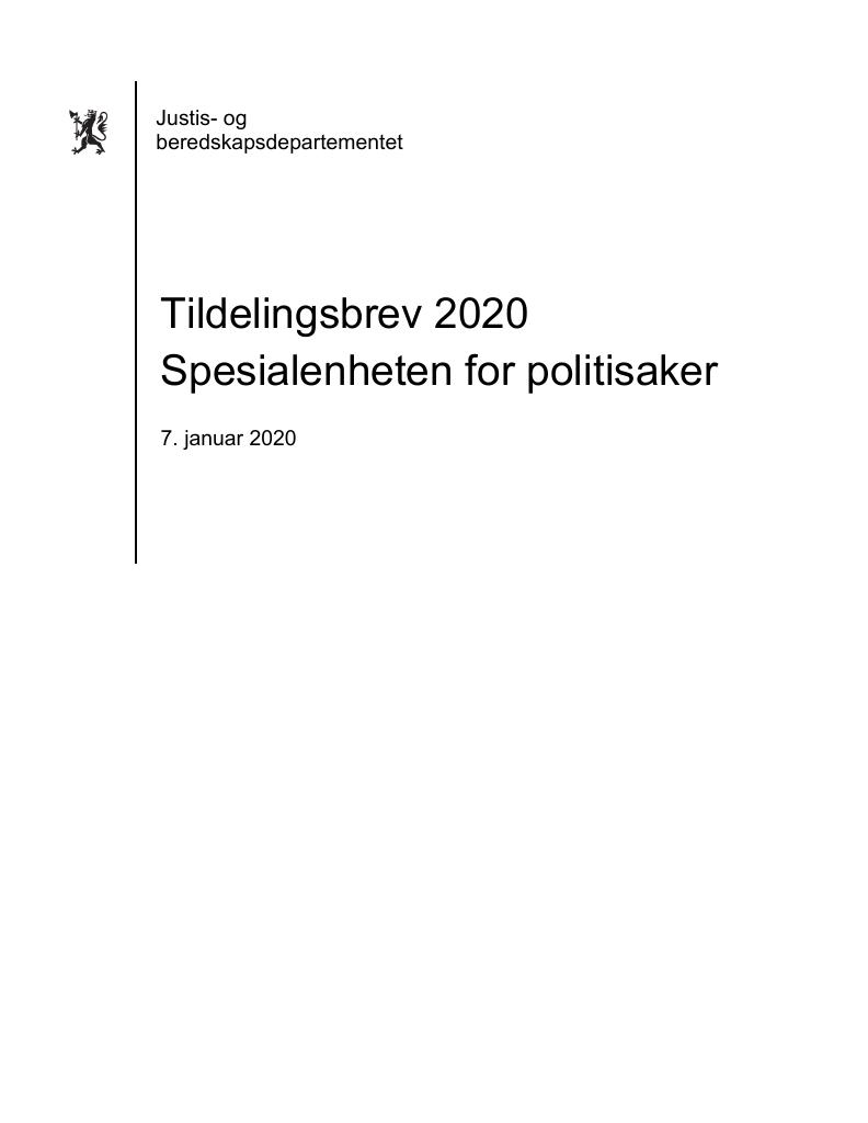 Forsiden av dokumentet Tildelingsbrev Spesialenheten for politisaker 2020