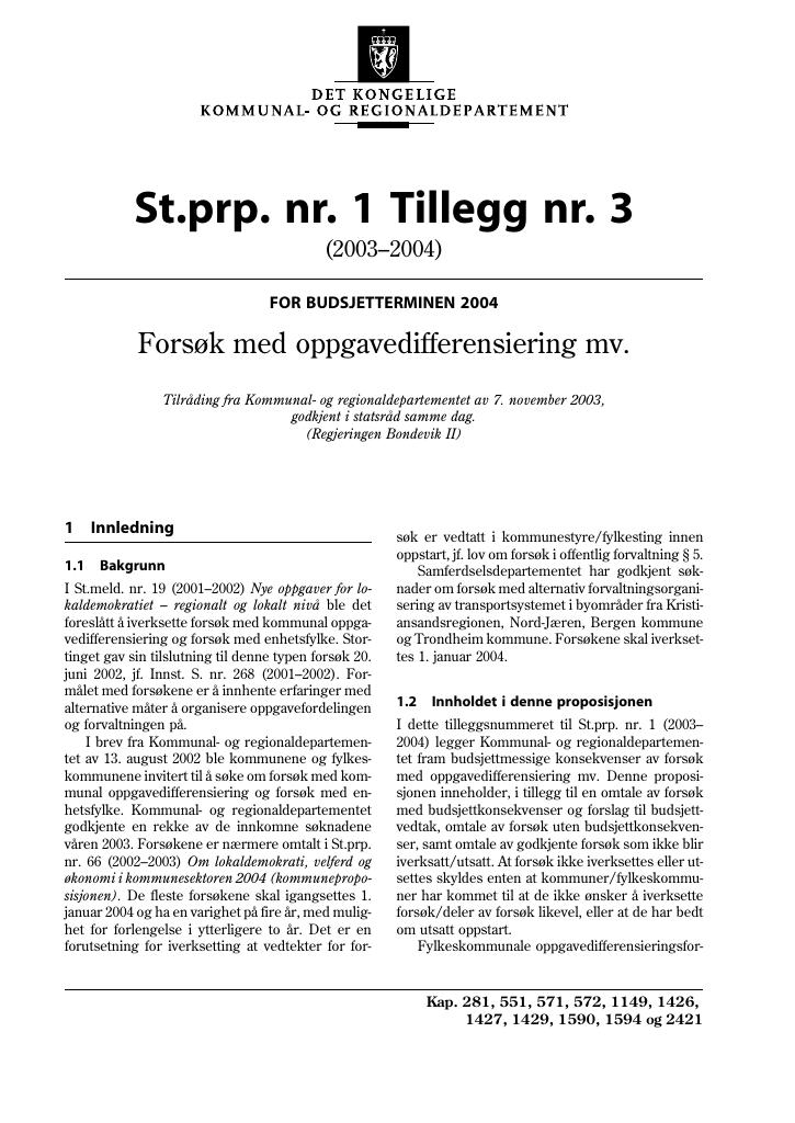 Forsiden av dokumentet St.prp nr. 1 Tillegg nr. 3 (2003-2004)