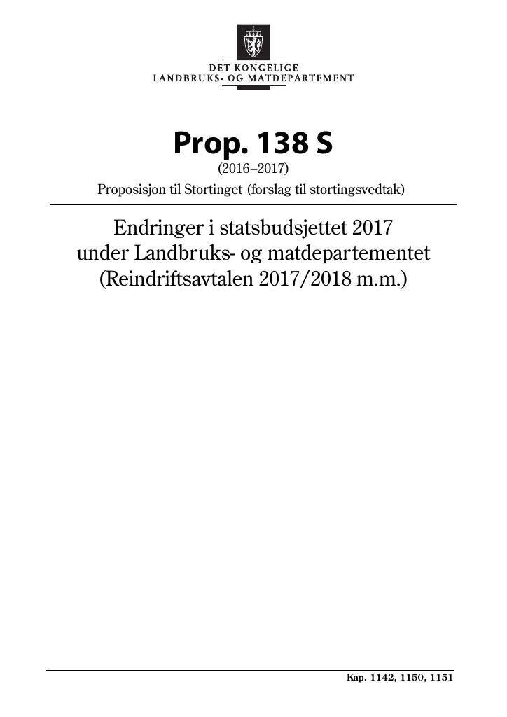 Forsiden av dokumentet Prop. 138 S (2016–2017)