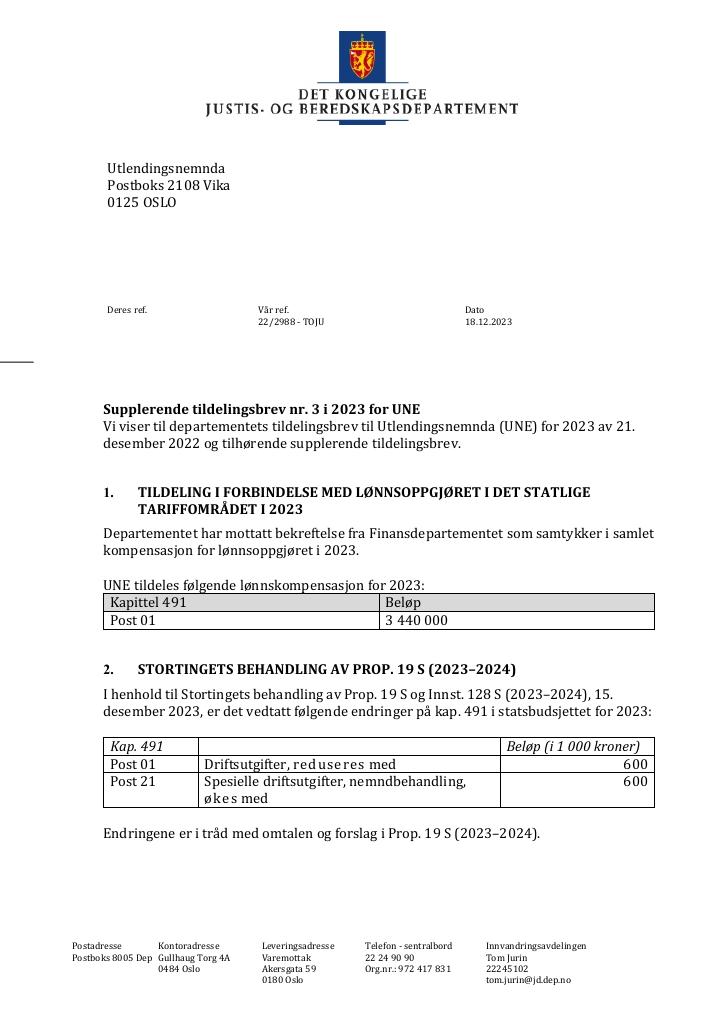 Forsiden av dokumentet Tildelingsbrev Utlendingsnemnda 2023 - tillegg nr. 3