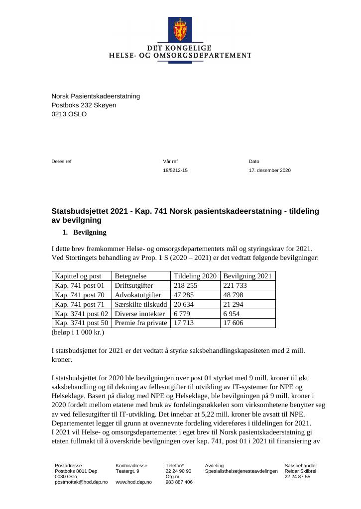 Forsiden av dokumentet Tildelingsbrev Norsk pasientskadeerstatning 2021