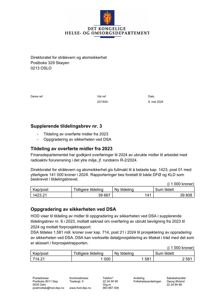 Forsiden av dokumentet supplerende tildelingsbrev nr 3 DSA 2024