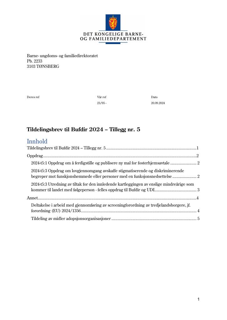 Forsiden av dokumentet Tildelingsbrev Bufdir 2024 - tillegg nr. 5