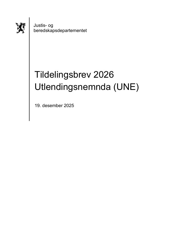 Forsiden av dokumentet Tildelingsbrev Utlendingsnemnda 2026