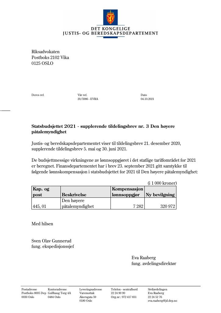Forsiden av dokumentet Tildelingsbrev Riksadvokaten 2021 - tillegg nr. 3