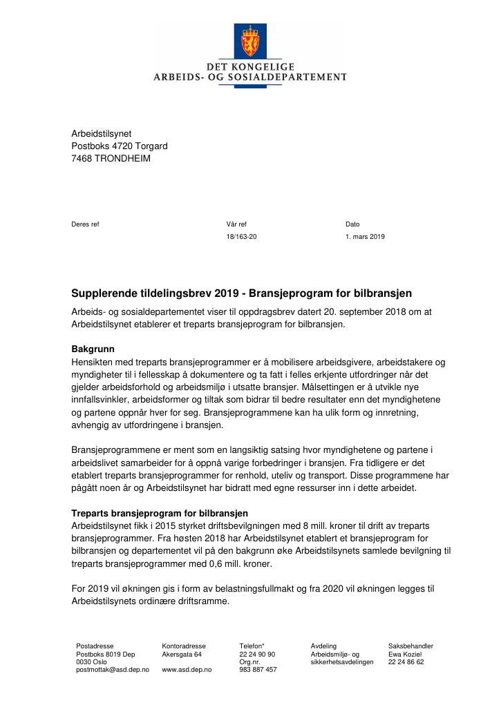 Forsiden av dokumentet Tildelingsbrev Arbeidstilsynet 2019 - tillegg nr. 1