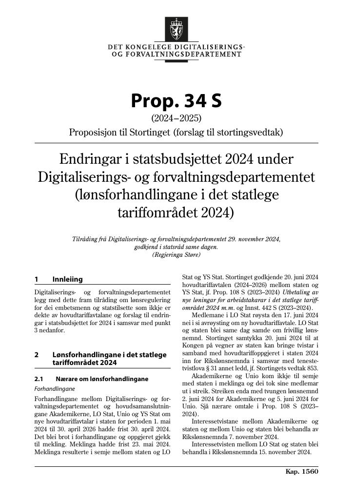 Forsiden av dokumentet Prop. 34 S (2024–2025)