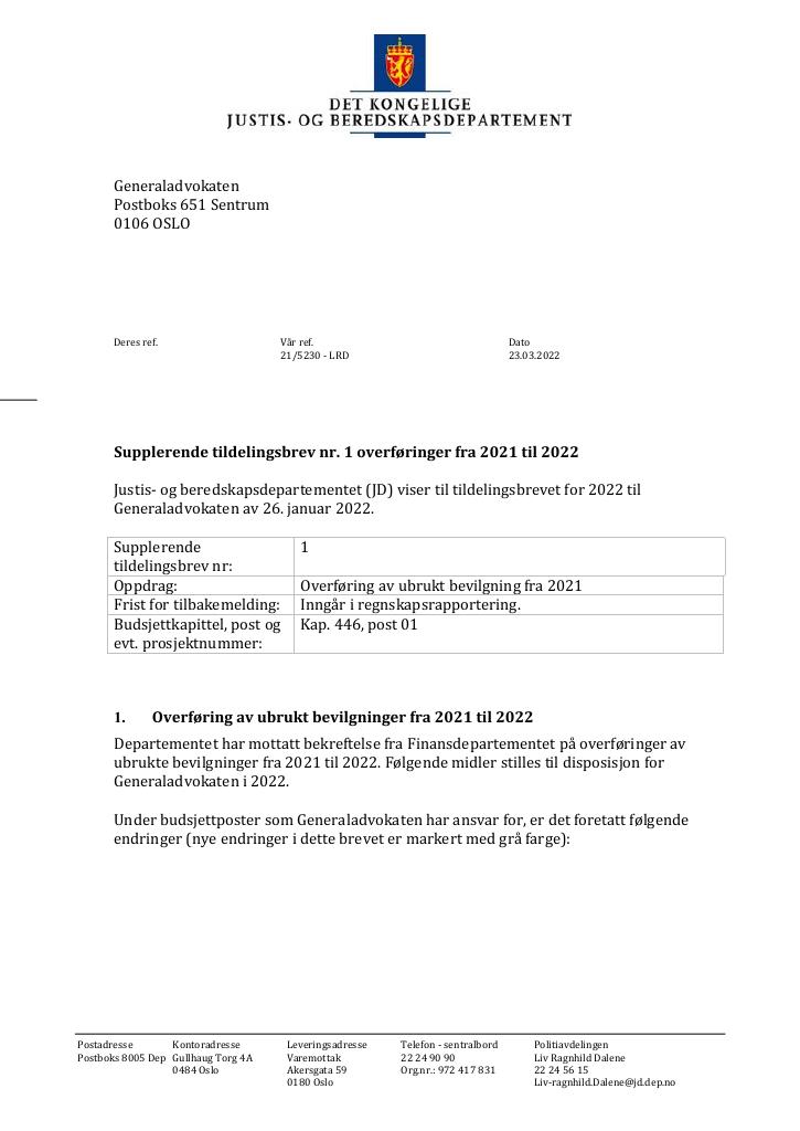 Forsiden av dokumentet Tildelingsbrev Generaladvokaten 2022 - tillegg nr. 1