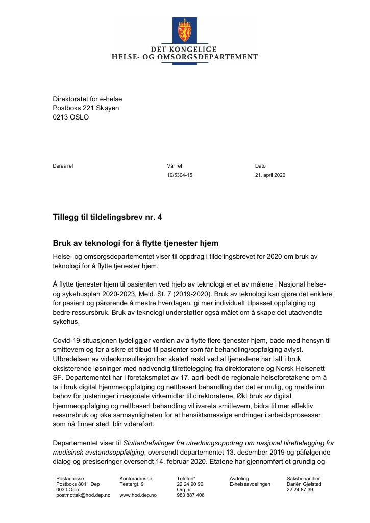 Forsiden av dokumentet Tildelingsbrev Direktoratet for e-helse 2020 - tillegg nr. 4