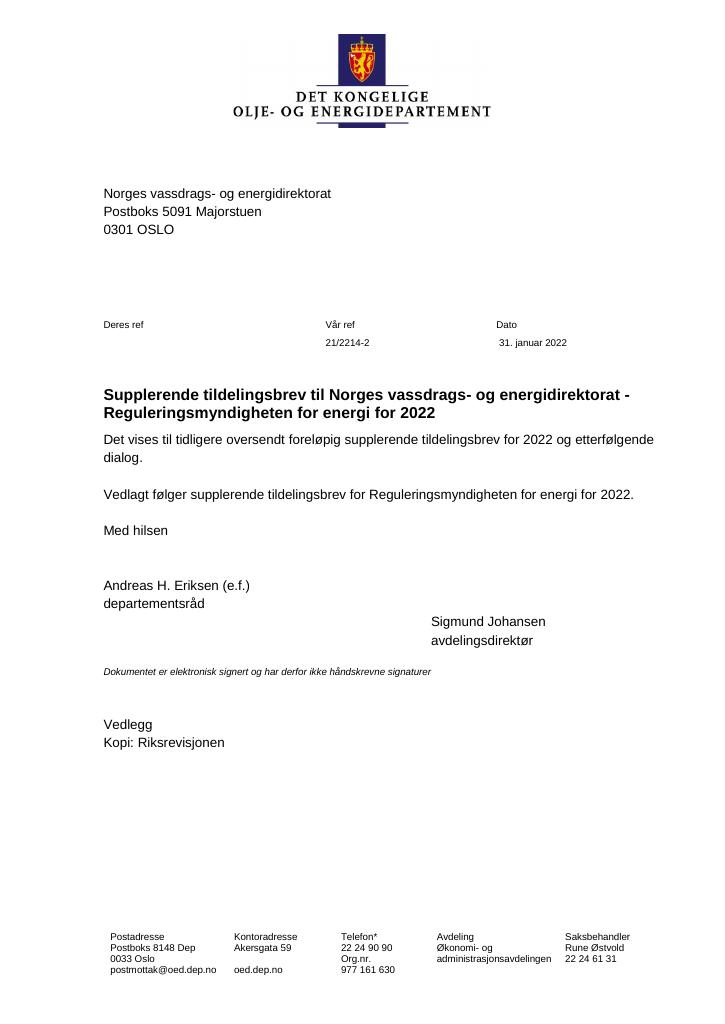 Tildelingsbrev vassdrags og energidirektorat 2022 tillegg Kudos