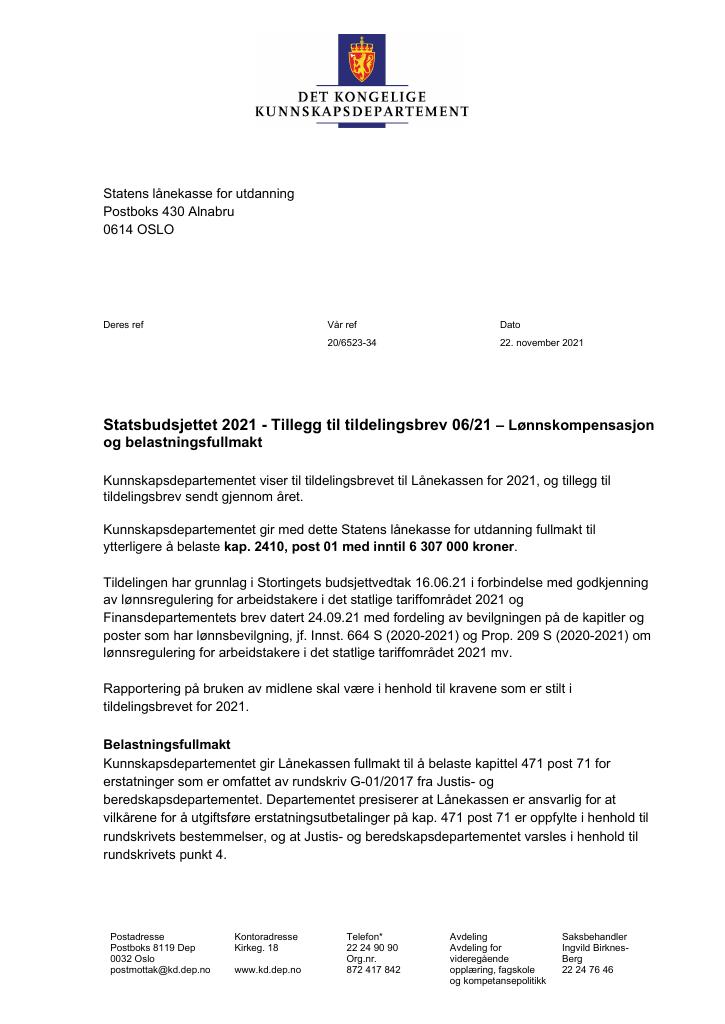 Forsiden av dokumentet Tildelingsbrev Lånekassen 2021 - tillegg nr. 6