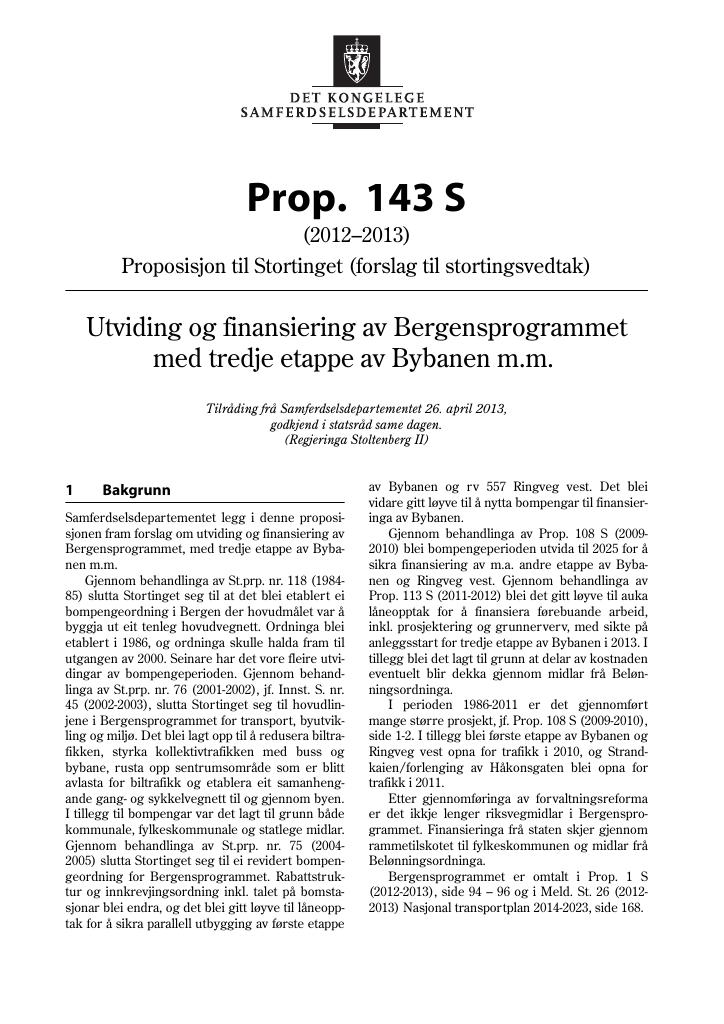 Forsiden av dokumentet Prop.  143 S (2012–2013)