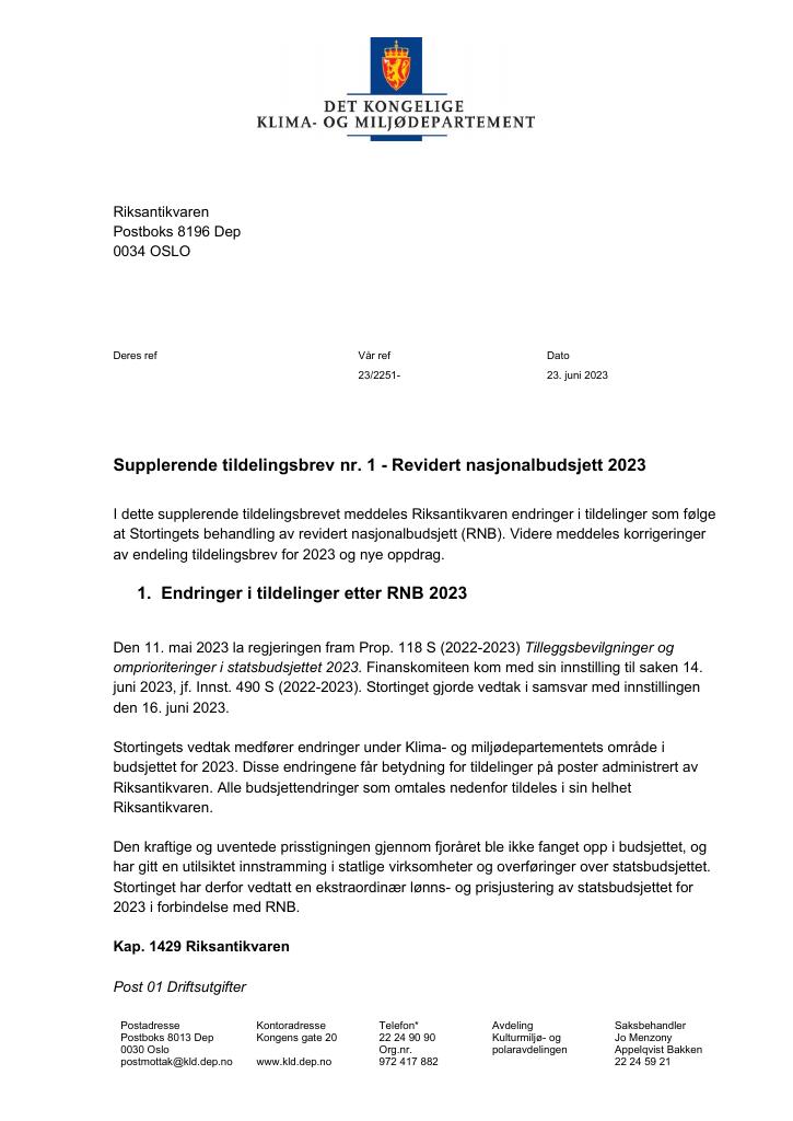 Forsiden av dokumentet Supplerende tildelingsbrev 23.06.2023