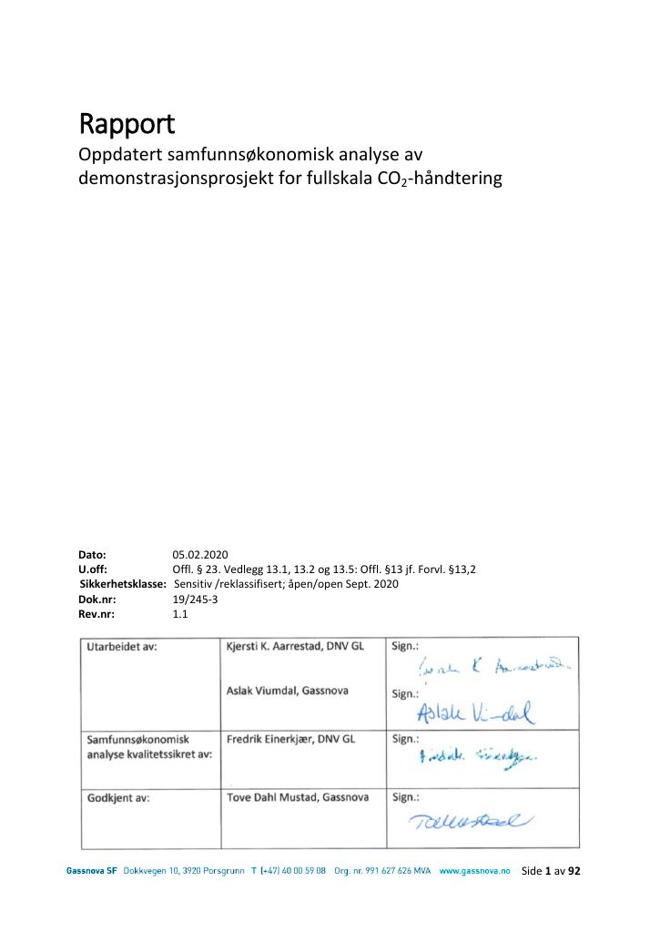 Forsiden av dokumentet Oppdatert samfunnsøkonomisk analyse av demonstrasjonsprosjekt for fullskala CO2-håndtering