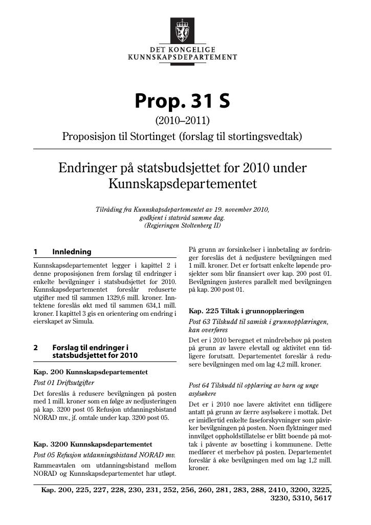 Forsiden av dokumentet Prop. 31 S (2010–2011)