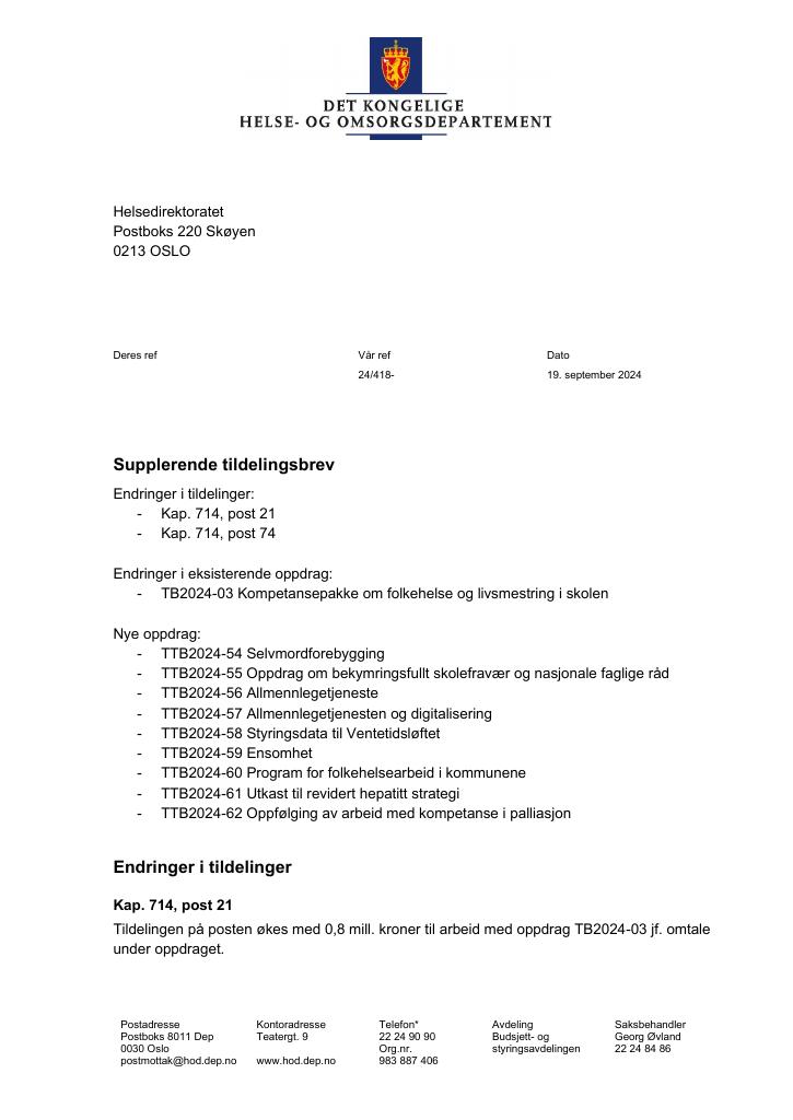 Forsiden av dokumentet Tildelingsbrev Folkehelseinstituttet 2024 - tillegg nr. 54